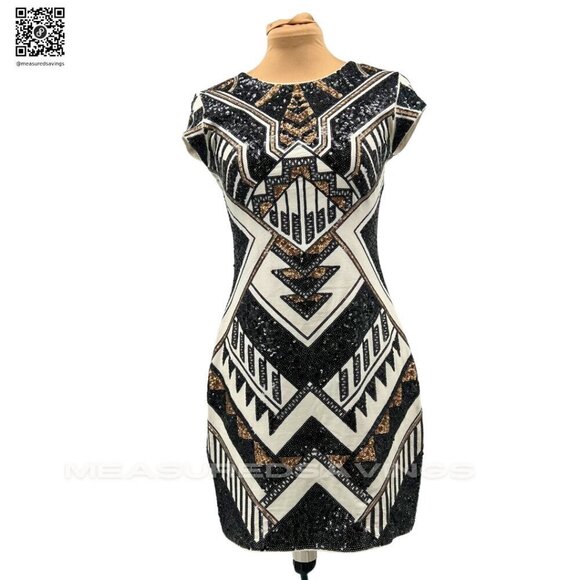 Express - Small - Cream, Black and Gold Metallic Sequin Dress - Picture 3 of 11